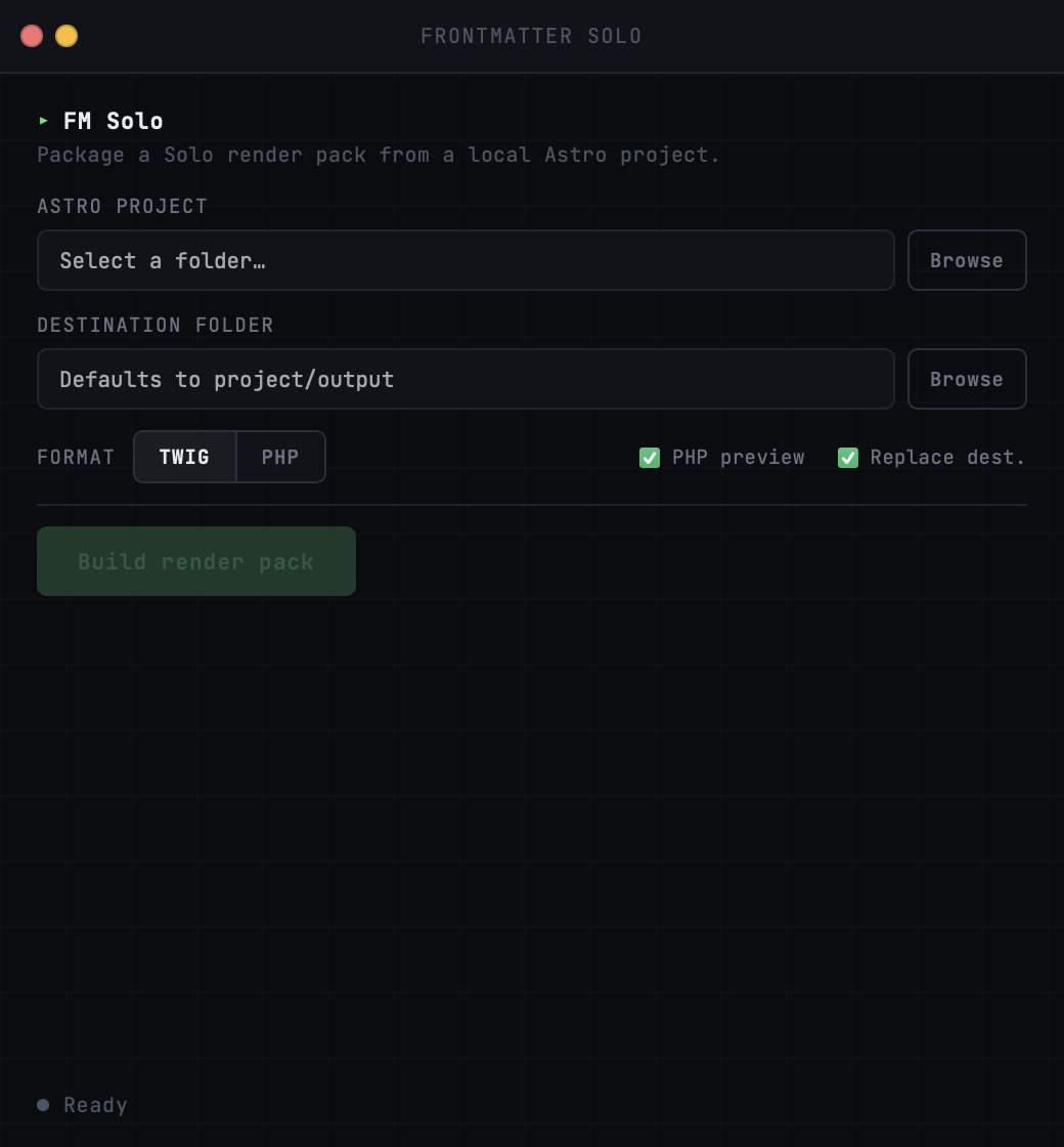 Frontmatter Solo macOS app interface